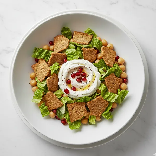 Pomegranate Chickpea Fetteh Salad With Whole Grain Crisps & Greek Labneh